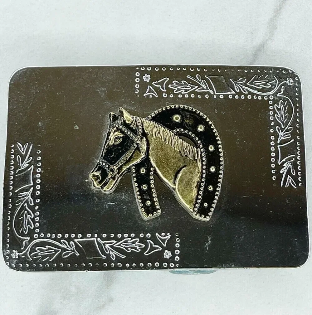 Vintage Horse Head Horseshoe Western Silver Gold Tone Belt Buckle ✨